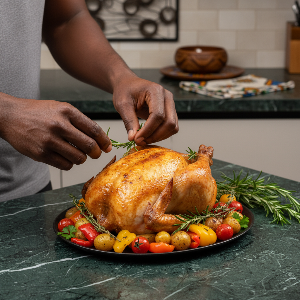 Préparation d’un coq fumé découpé avec herbes fraîches et légumes colorés. Volaille tendre et savoureuse pour repas authentique à la maison.
